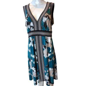 Max And Cleo Women A Line Shift Dress Paint Stroke Stretchy Teal Black SZ Medium